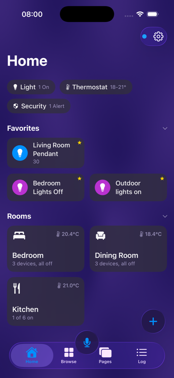 Domio app home screen showing category pills, favourites, and rooms with temperatures