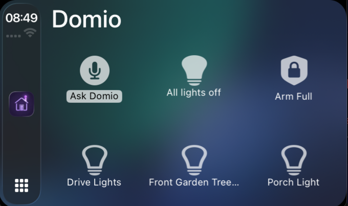 Domio on CarPlay showing scenes and device controls