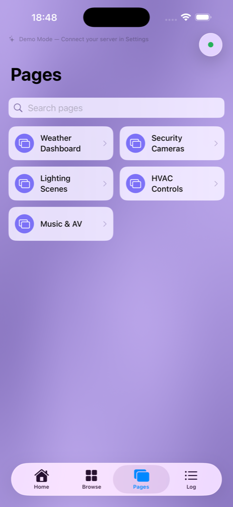 Control pages list showing Weather, Security, Lighting, HVAC, and Music dashboards