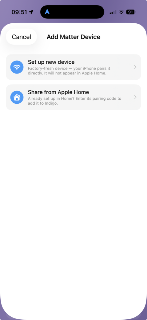 Add Matter Device screen offering direct setup or Apple Home sharing