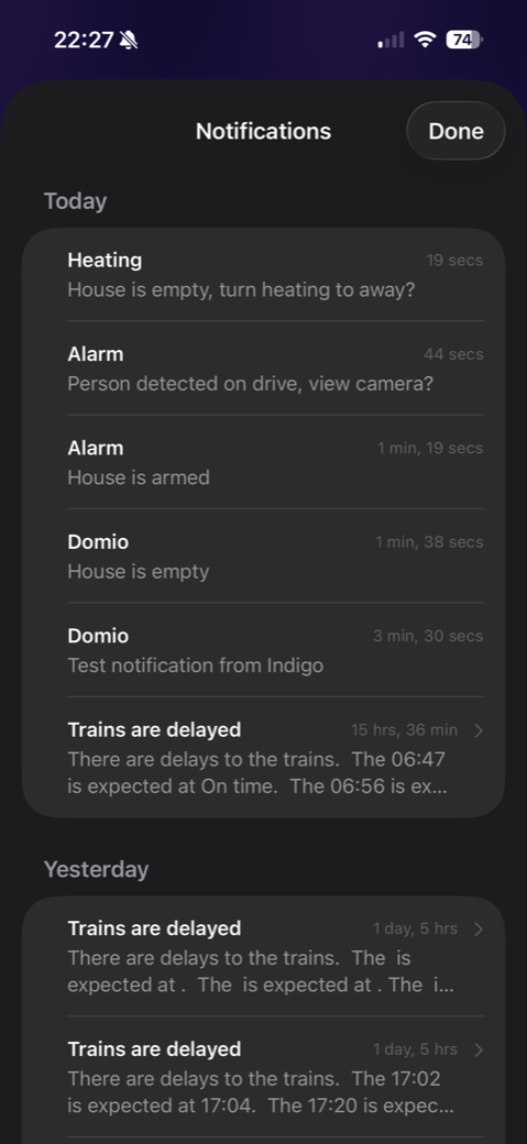 Push notification history showing recent alerts