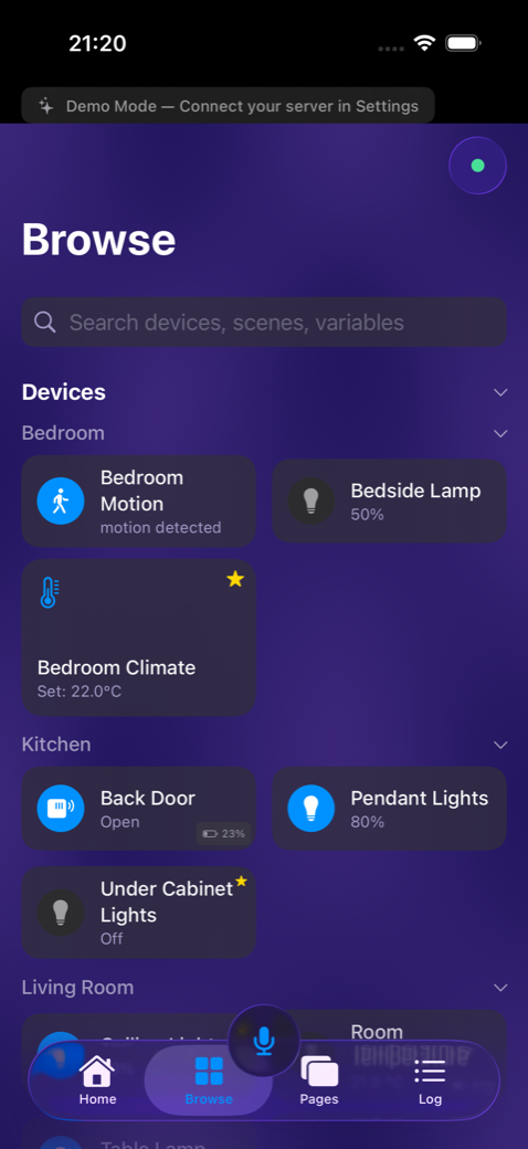 Room view with device cards showing real-time status