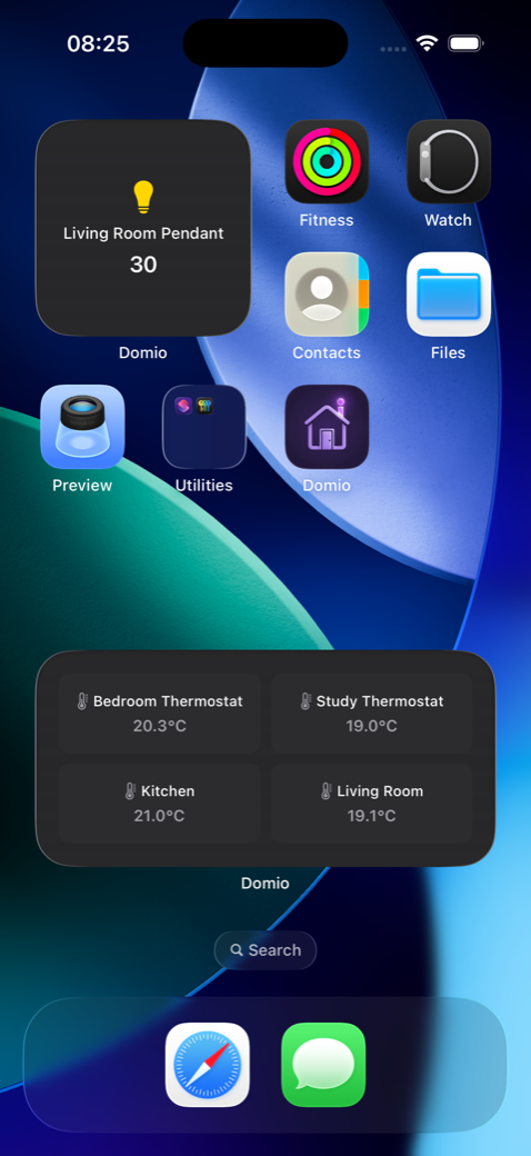 Domio widget on iOS home screen showing device status